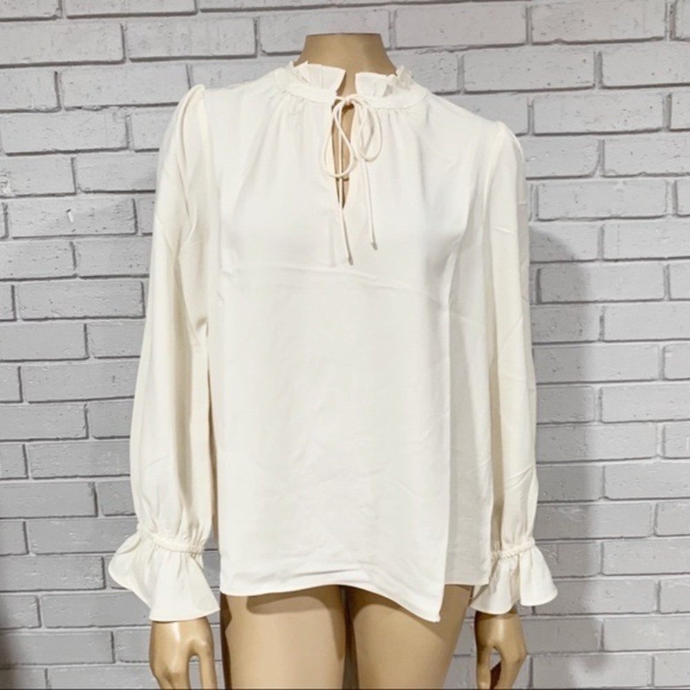 J.Crew Ruffle Tie Neck Top Ivory Cream Long Sleeve Preppy NWT Large